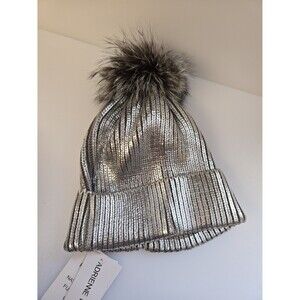 NEW Adrienne Landau Silver Metallic Beanie Hat Womens Real Fox Fur Pom Pom Bling